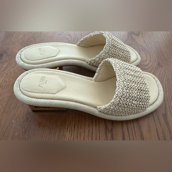 NWOT Fendi Raffia Intreccio Baguette 60mm Slide Sandals size 38.5 - Picture 6 of 11